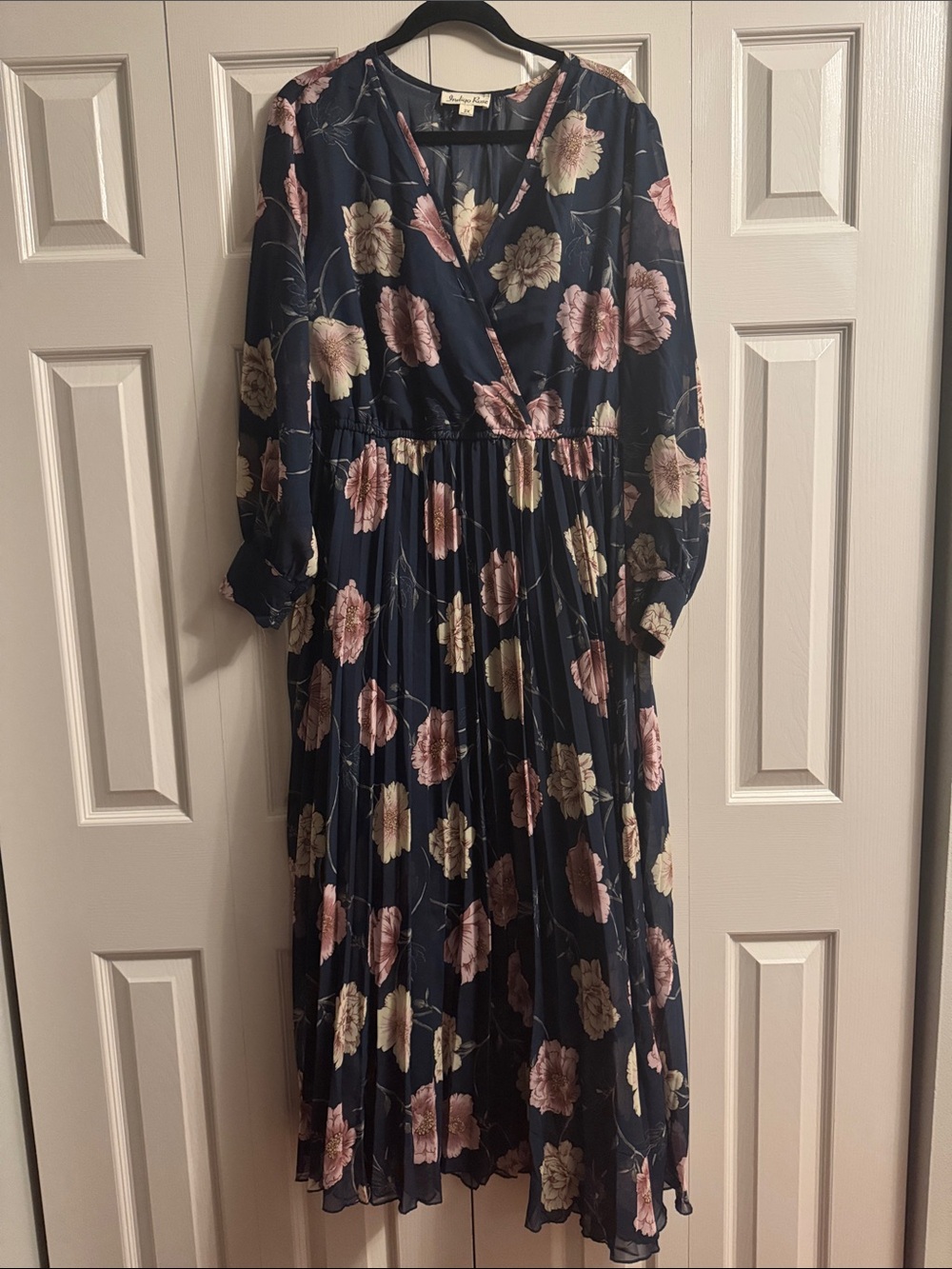 Indigo Rose Navy Floral Wrap Maxi Dress with Pink & Cream Blooms, 2X